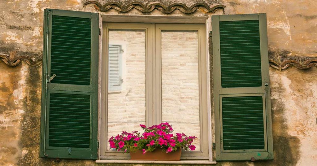 Altes Fenster mit grünen Holzfensterläden und einer Geranie auf der Fensterbank, umgeben von einer feuchten, teils abblätternden Fassade.