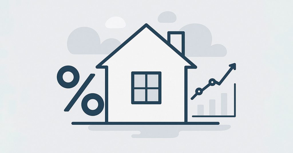 Illustration eines Hauses mit Prozentzeichen und steigender Zins- und Finanzierungs­grafik; symbolisiert Immobilienfinanzierung, Kreditzinsen und Kostenentwicklung für angehende Käufer. | Immobilienfinanzierung